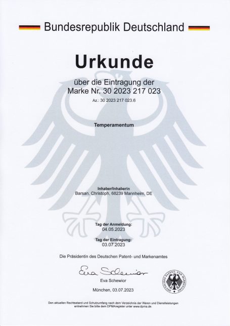 Eintragung der Marke Temperamentum